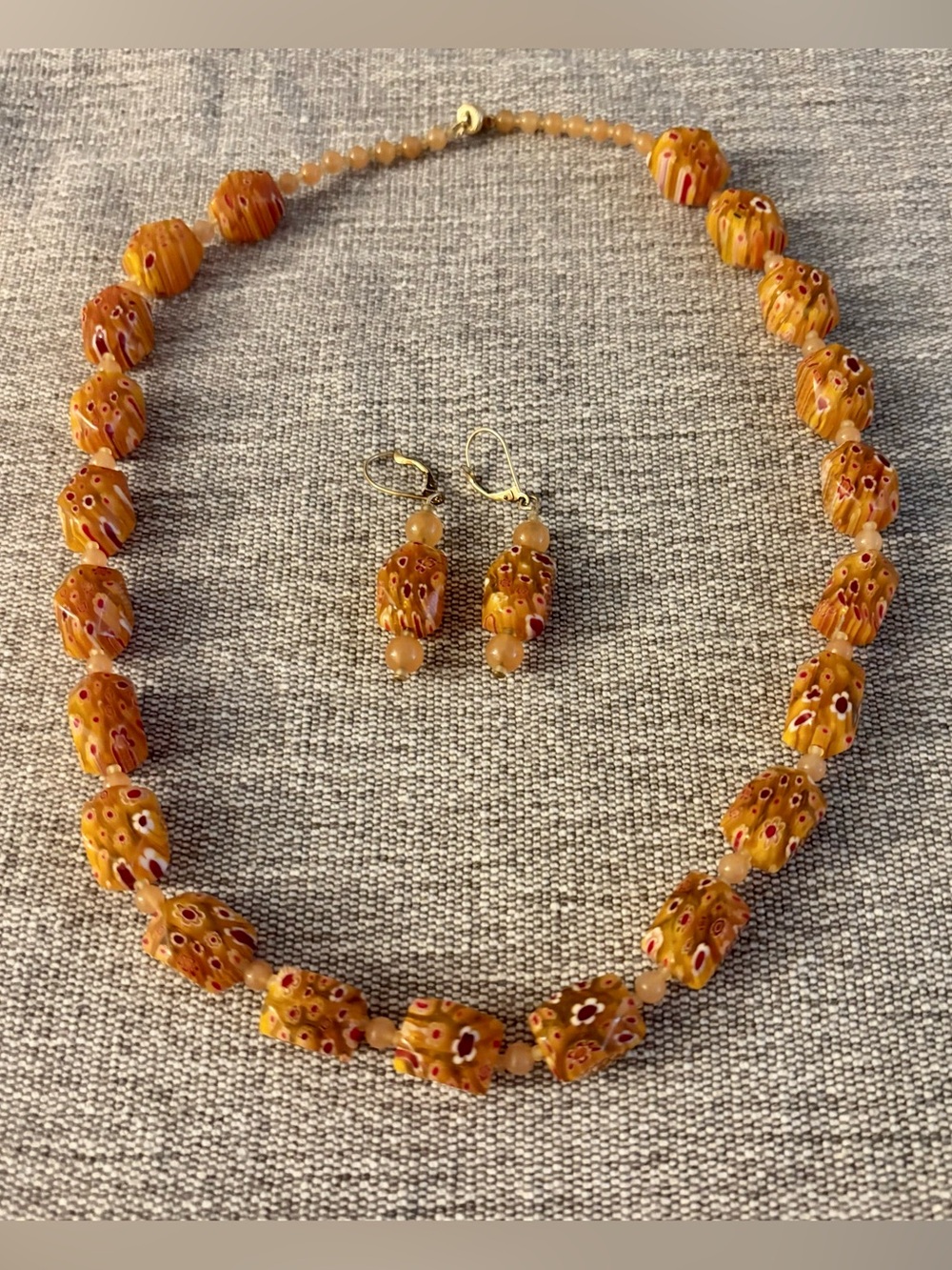 Handcrafted Yellow Murano Millefiori Glass Bead Necklace & Earring Set
